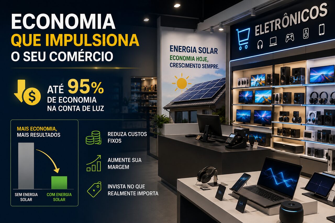 Infográfico de loja mostrando economia de até 95% na conta de energia com painéis solares
