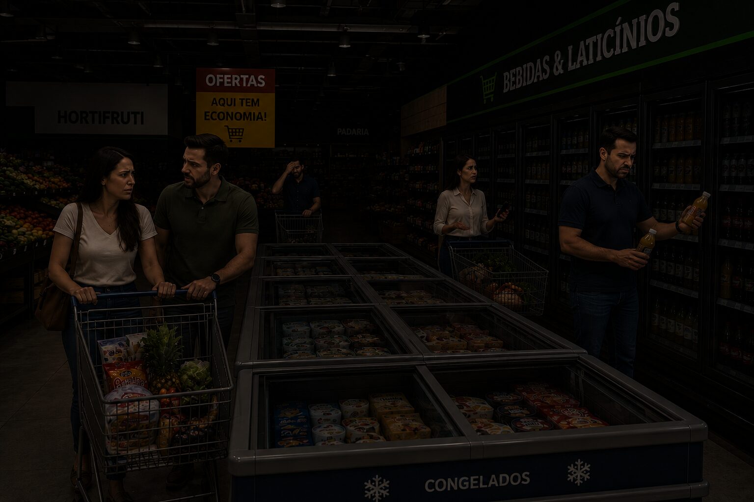 Mesmo mercado às escuras durante uma queda de energia, clientes parados