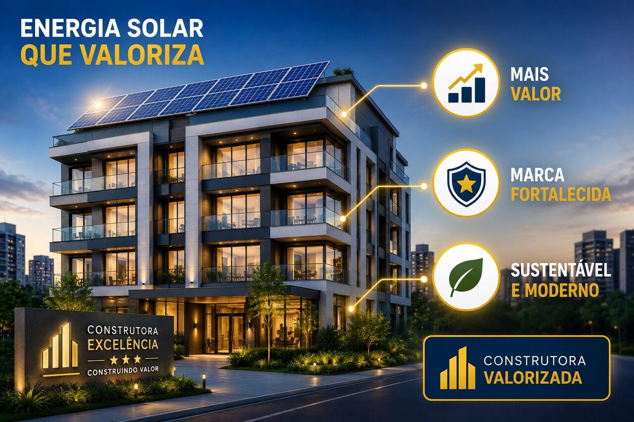Empreendimento com energia solar instalada e placa da construtora, com os selos mais valor, marca fortalecida e sustentável