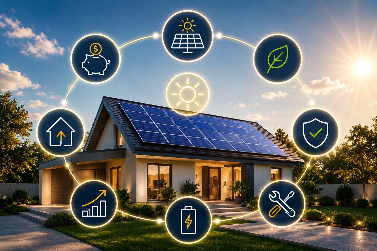 Casa com painéis solares e ícones dos benefícios da energia solar