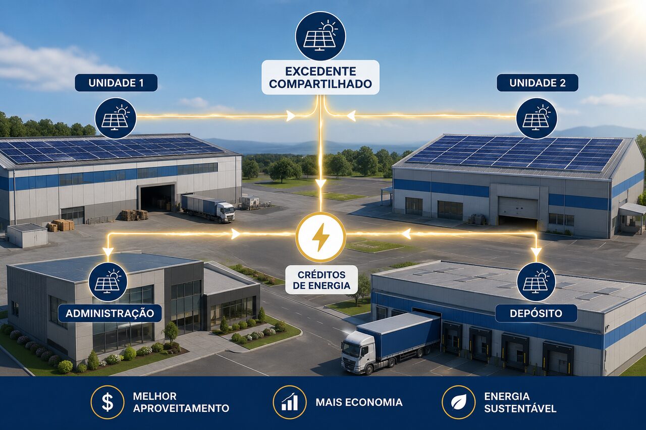 Infográfico mostrando o excedente de energia solar compartilhado entre duas unidades industriais e seus setores de administração e depósito