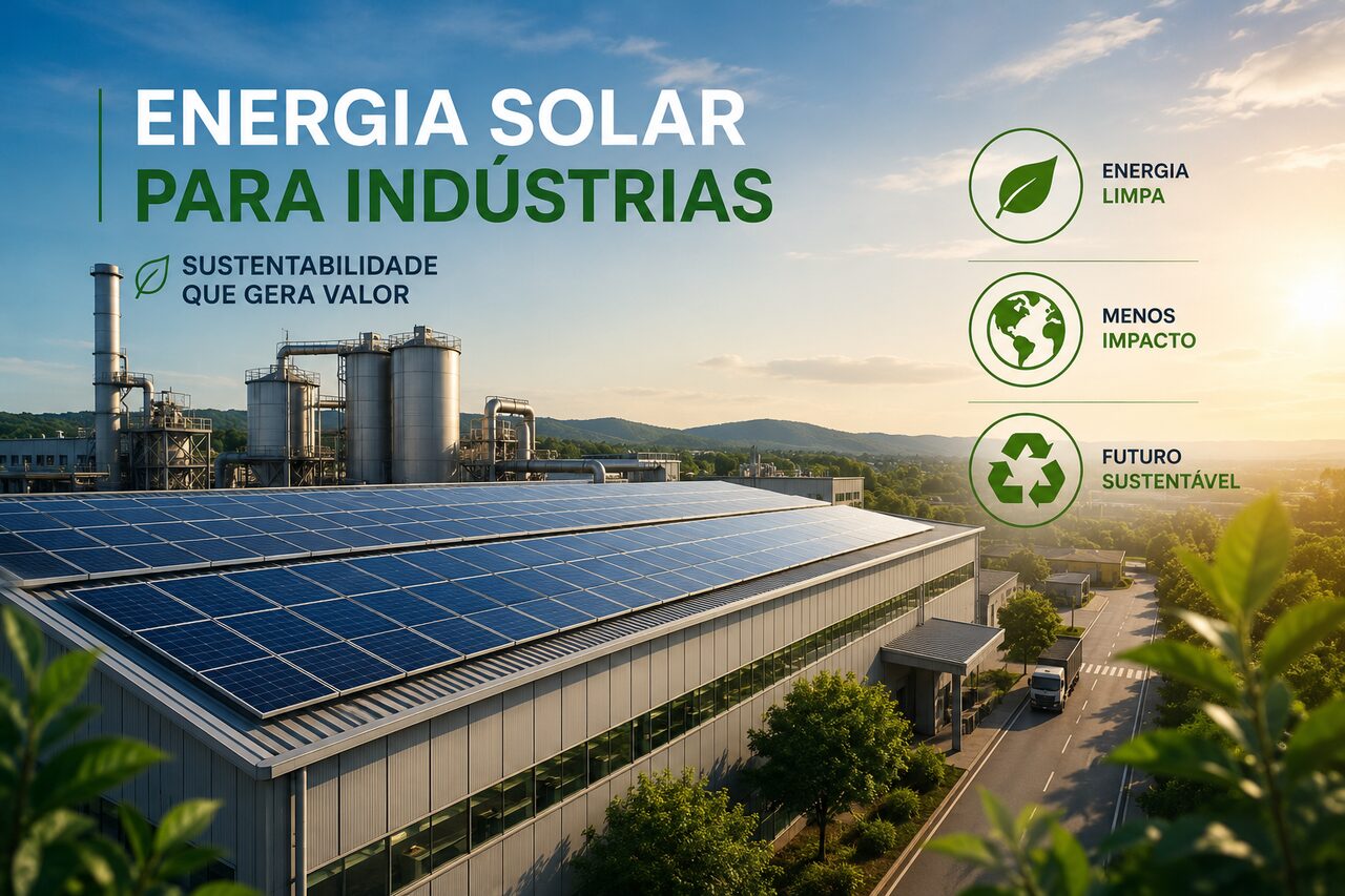 Indústria com painéis solares no telhado e selos de energia limpa, menos impacto e futuro sustentável