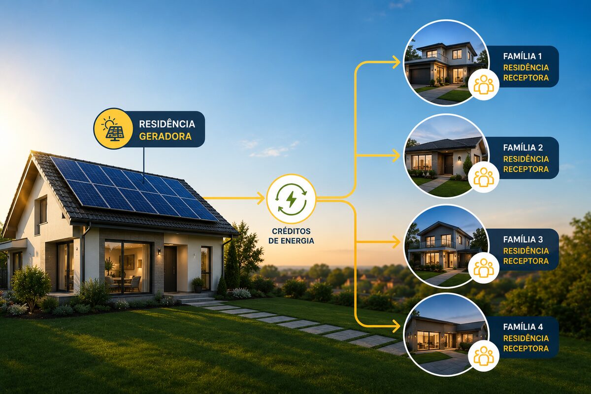 Diagrama mostrando os créditos de energia da residência geradora sendo compartilhados com outras quatro residências da família
