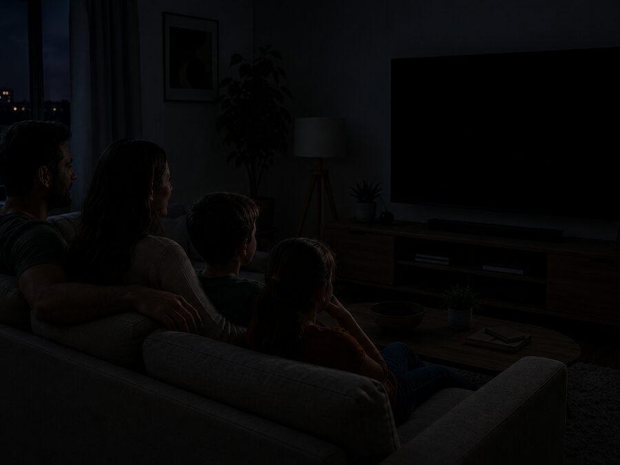 Mesma família no escuro, sem luz, durante uma queda de energia