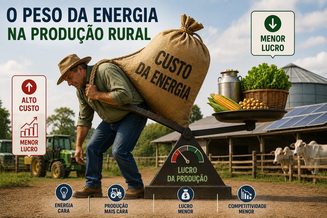 Produtor rural carregando um saco com o peso do custo de energia numa balança, do outro lado os produtos da colheita
